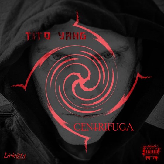 Portada de Centrifuga: retrato en blanco y negro bajo una capucha, cruzado por una espiral roja.